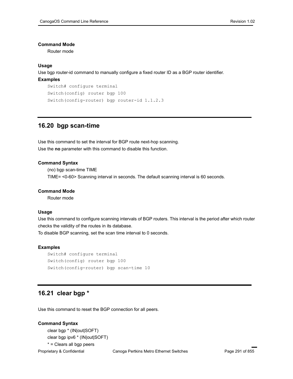 20 bgp scan-time, 21 clear bgp | CANOGA PERKINS CanogaOS Command Reference User Manual | Page 291 / 855