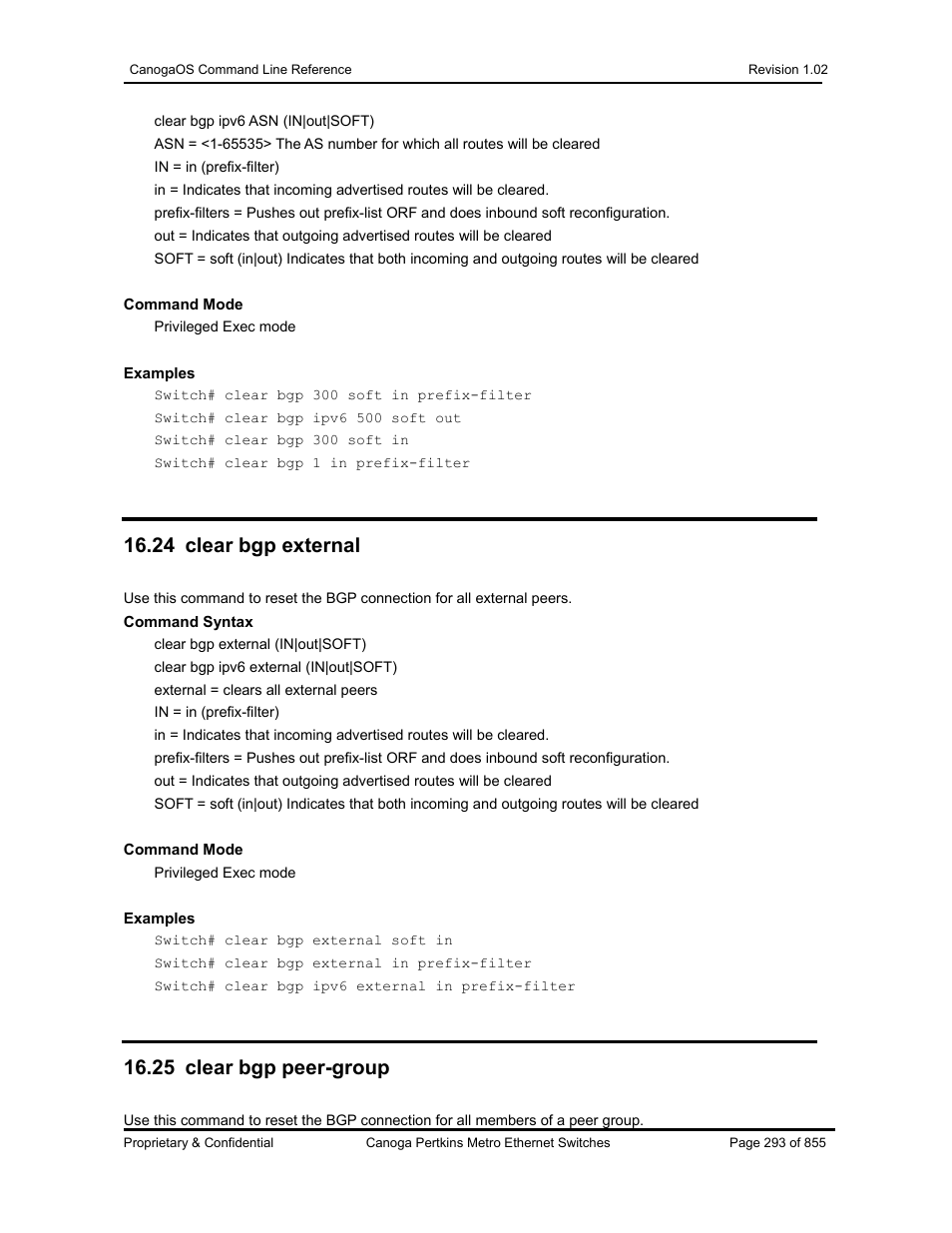 24 clear bgp external, 25 clear bgp peer-group | CANOGA PERKINS CanogaOS Command Reference User Manual | Page 293 / 855