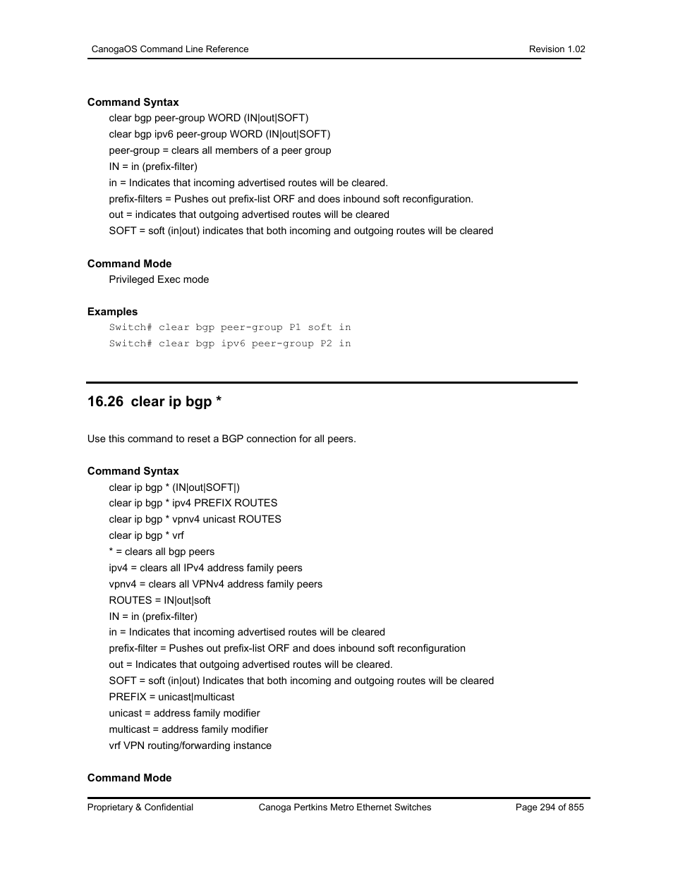 26 clear ip bgp | CANOGA PERKINS CanogaOS Command Reference User Manual | Page 294 / 855