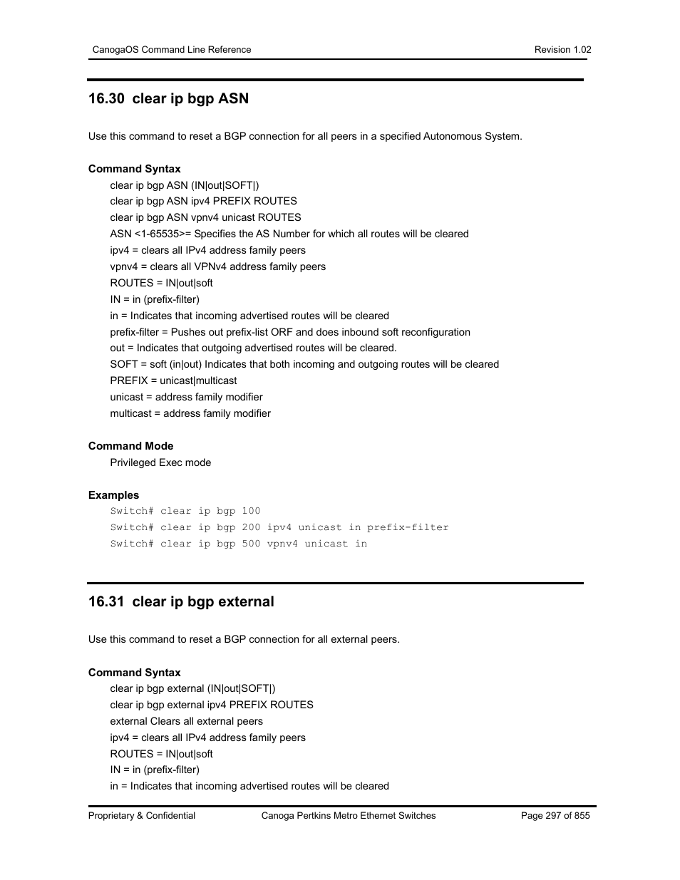 30 clear ip bgp asn, 31 clear ip bgp external | CANOGA PERKINS CanogaOS Command Reference User Manual | Page 297 / 855