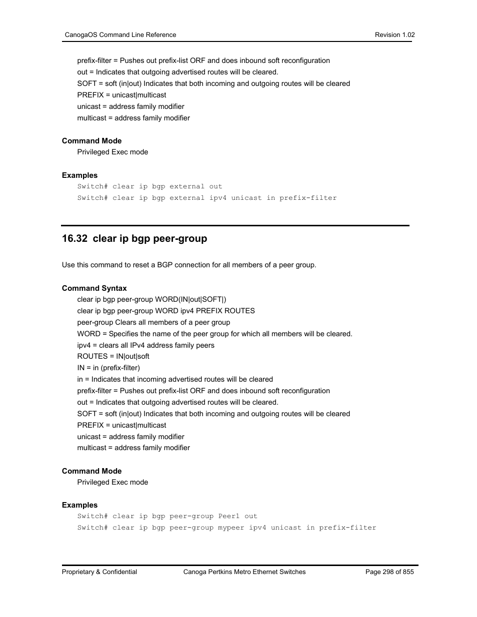 32 clear ip bgp peer-group | CANOGA PERKINS CanogaOS Command Reference User Manual | Page 298 / 855