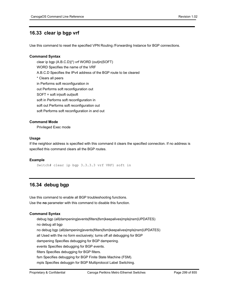 33 clear ip bgp vrf, 34 debug bgp | CANOGA PERKINS CanogaOS Command Reference User Manual | Page 299 / 855