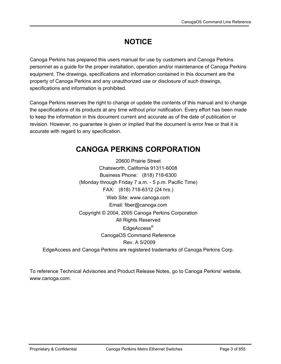 Notice, Canoga perkins corporation | CANOGA PERKINS CanogaOS Command Reference User Manual | Page 3 / 855