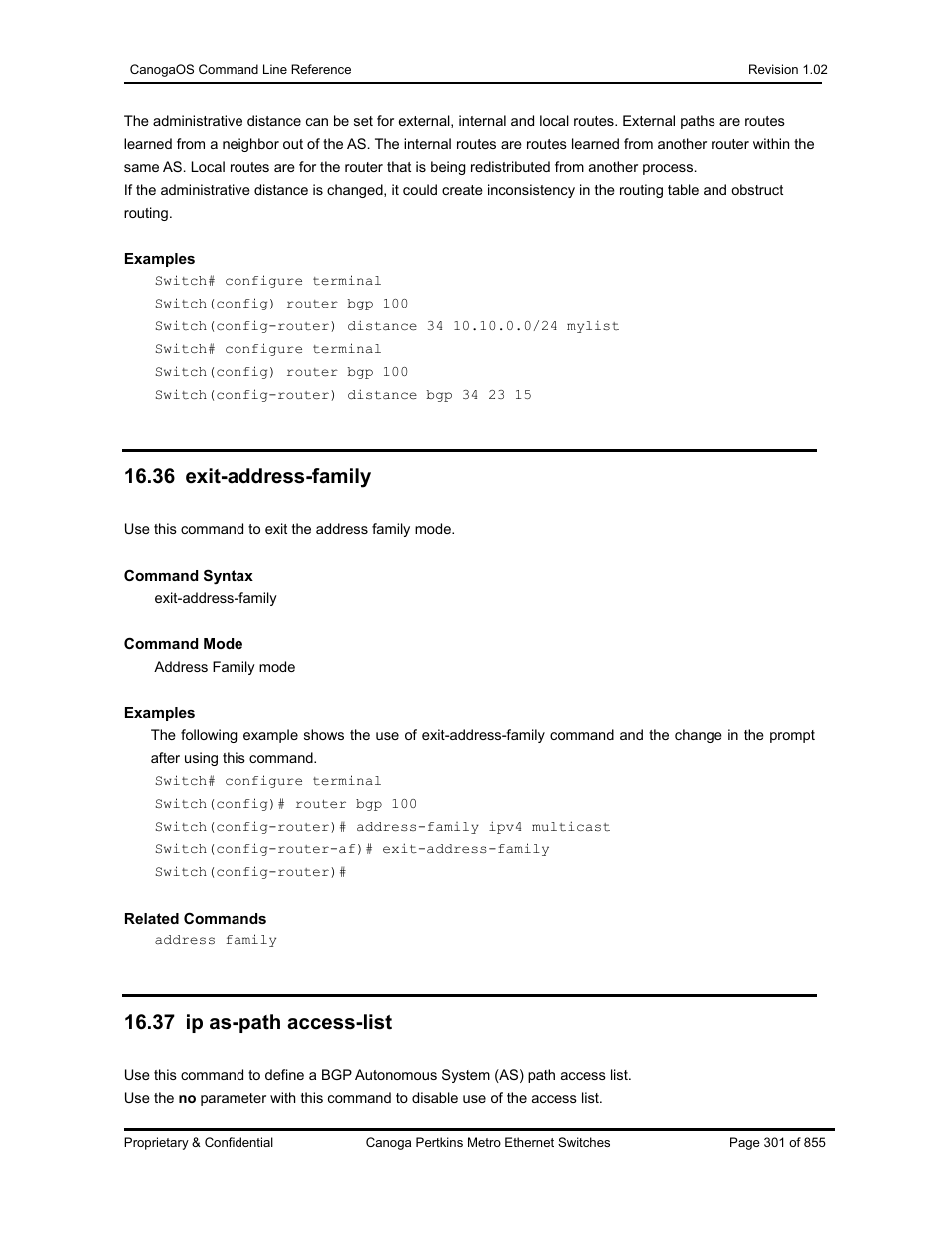 36 exit-address-family, 37 ip as-path access-list | CANOGA PERKINS CanogaOS Command Reference User Manual | Page 301 / 855