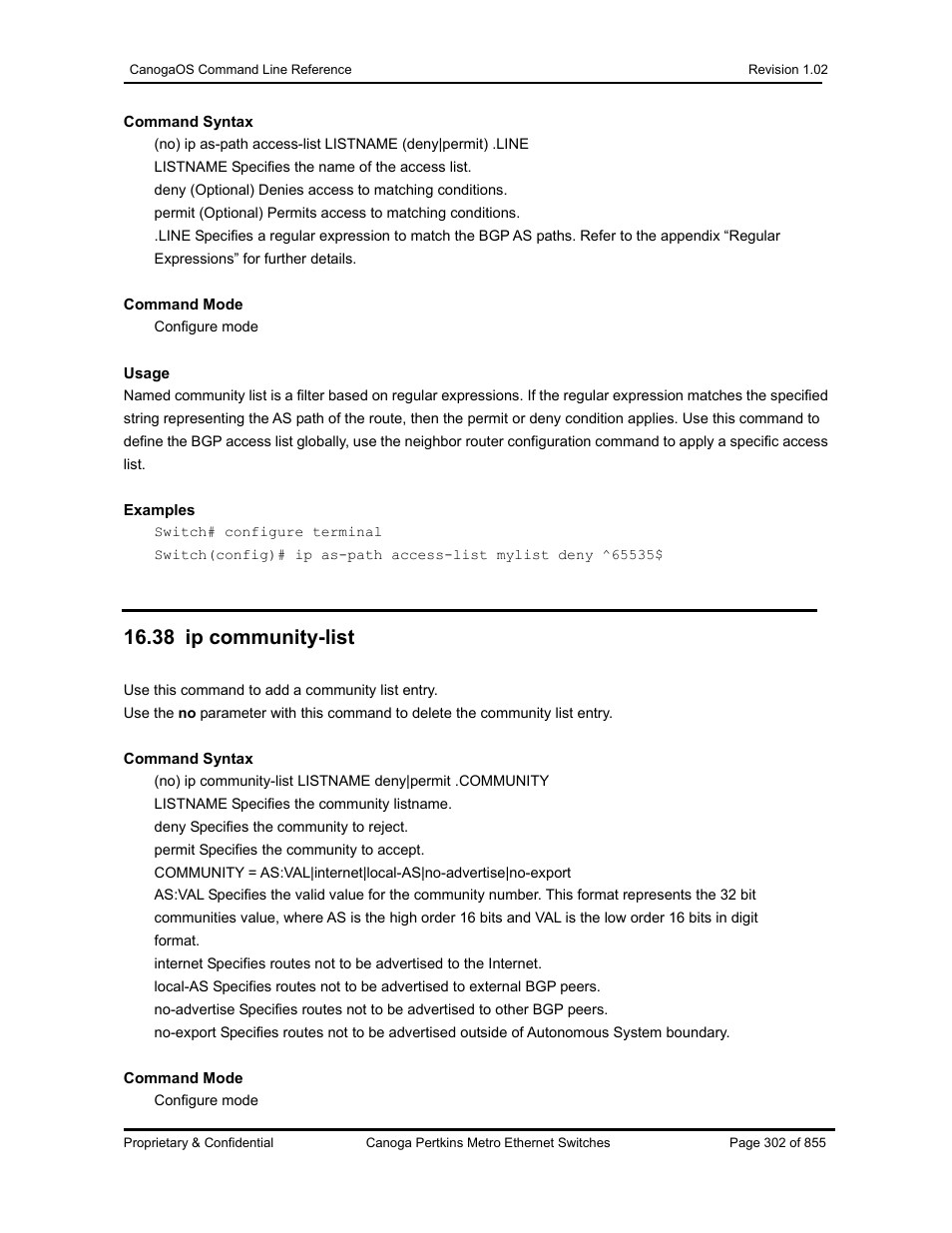 38 ip community-list | CANOGA PERKINS CanogaOS Command Reference User Manual | Page 302 / 855