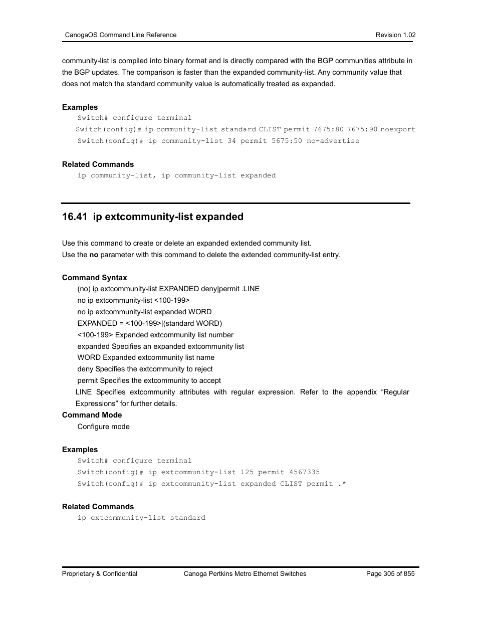 41 ip extcommunity-list expanded | CANOGA PERKINS CanogaOS Command Reference User Manual | Page 305 / 855