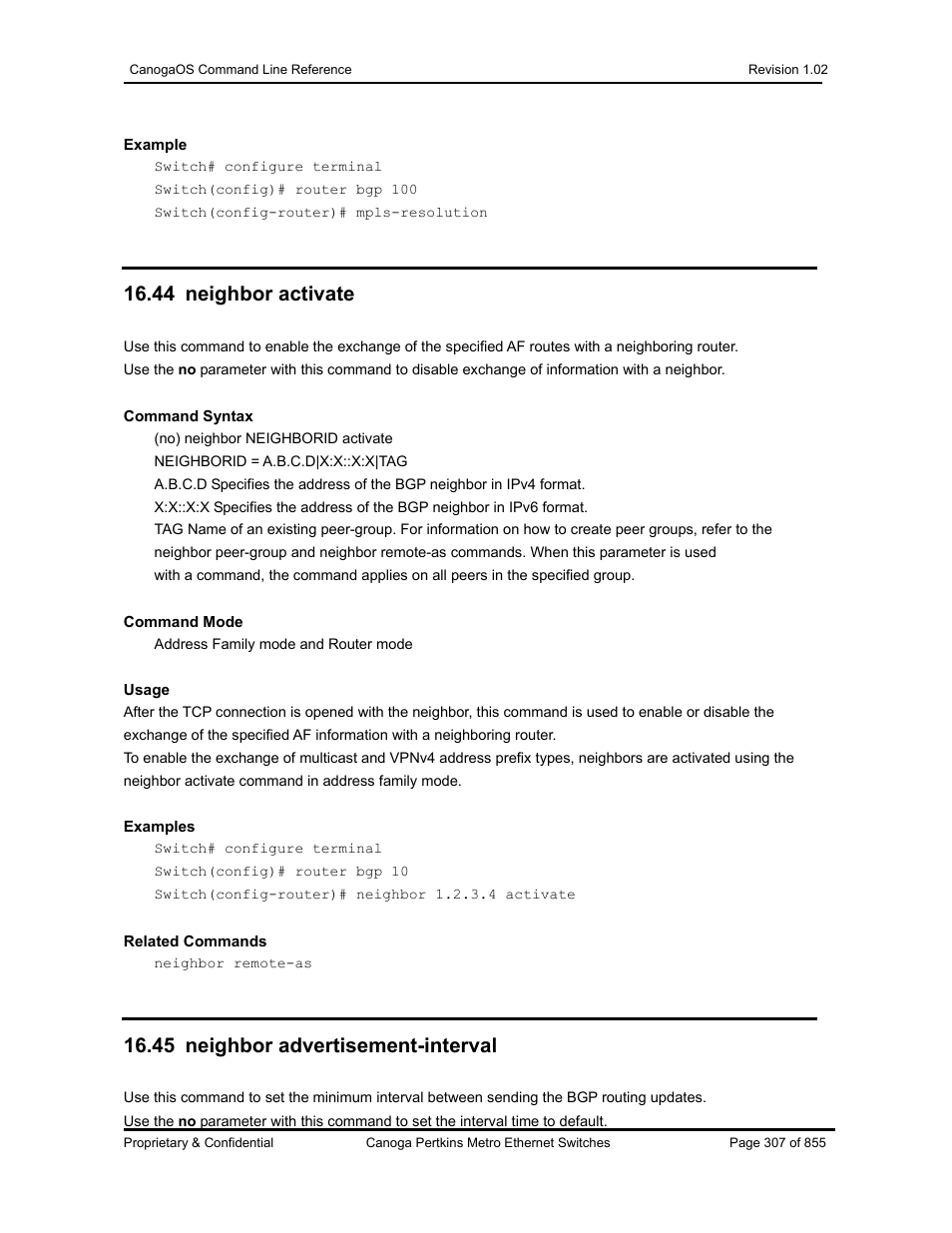 44 neighbor activate, 45 neighbor advertisement-interval | CANOGA PERKINS CanogaOS Command Reference User Manual | Page 307 / 855