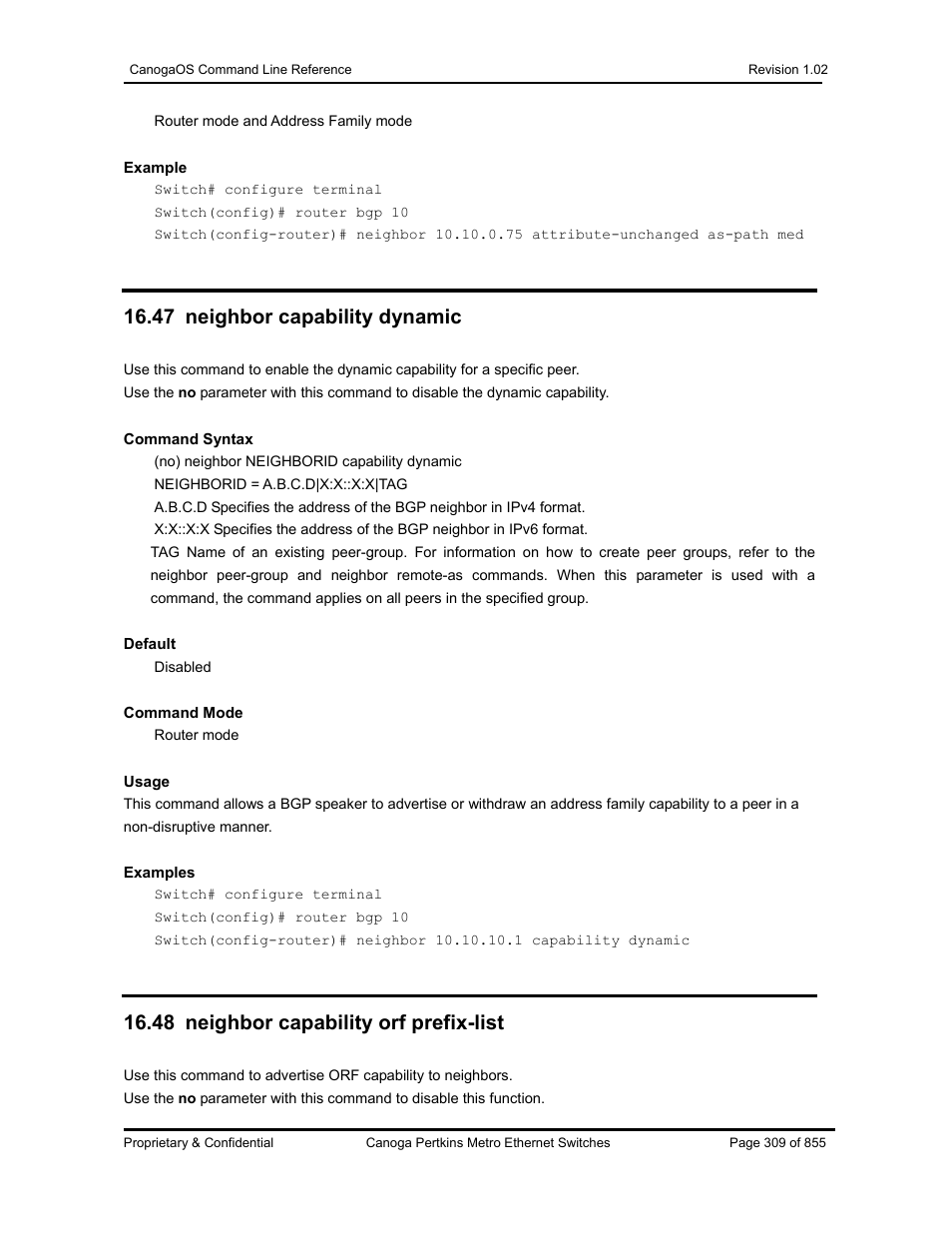 47 neighbor capability dynamic, 48 neighbor capability orf prefix-list | CANOGA PERKINS CanogaOS Command Reference User Manual | Page 309 / 855