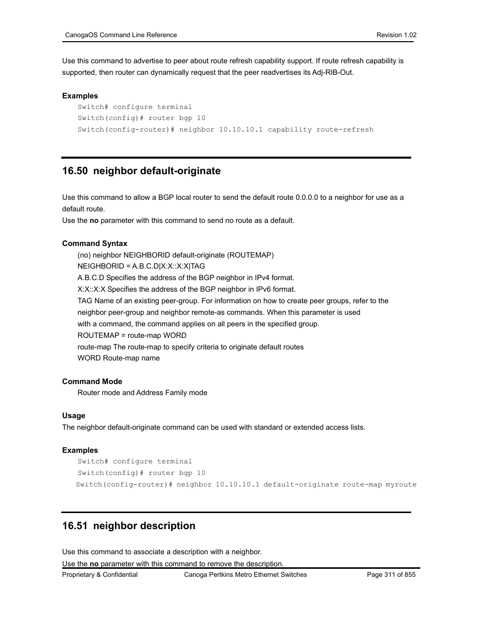 50 neighbor default-originate, 51 neighbor description | CANOGA PERKINS CanogaOS Command Reference User Manual | Page 311 / 855