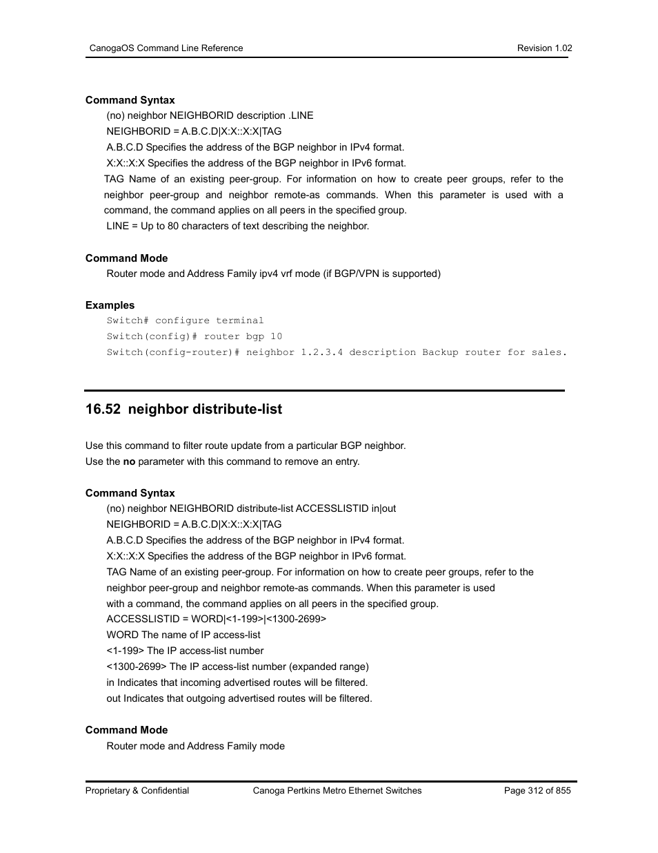 52 neighbor distribute-list | CANOGA PERKINS CanogaOS Command Reference User Manual | Page 312 / 855