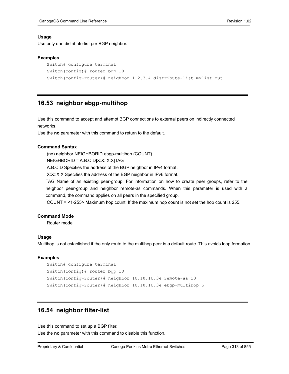 53 neighbor ebgp-multihop, 54 neighbor filter-list | CANOGA PERKINS CanogaOS Command Reference User Manual | Page 313 / 855