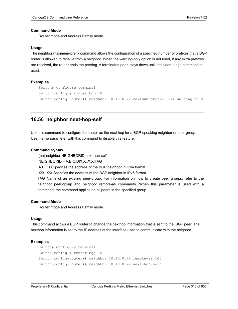 56 neighbor next-hop-self | CANOGA PERKINS CanogaOS Command Reference User Manual | Page 315 / 855
