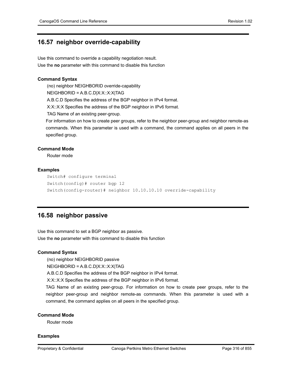 57 neighbor override-capability, 58 neighbor passive | CANOGA PERKINS CanogaOS Command Reference User Manual | Page 316 / 855