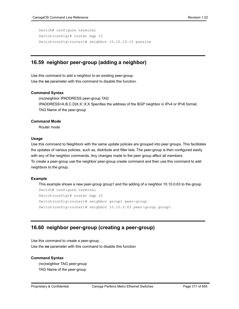 59 neighbor peer-group (adding a neighbor), 60 neighbor peer-group (creating a peer-group) | CANOGA PERKINS CanogaOS Command Reference User Manual | Page 317 / 855