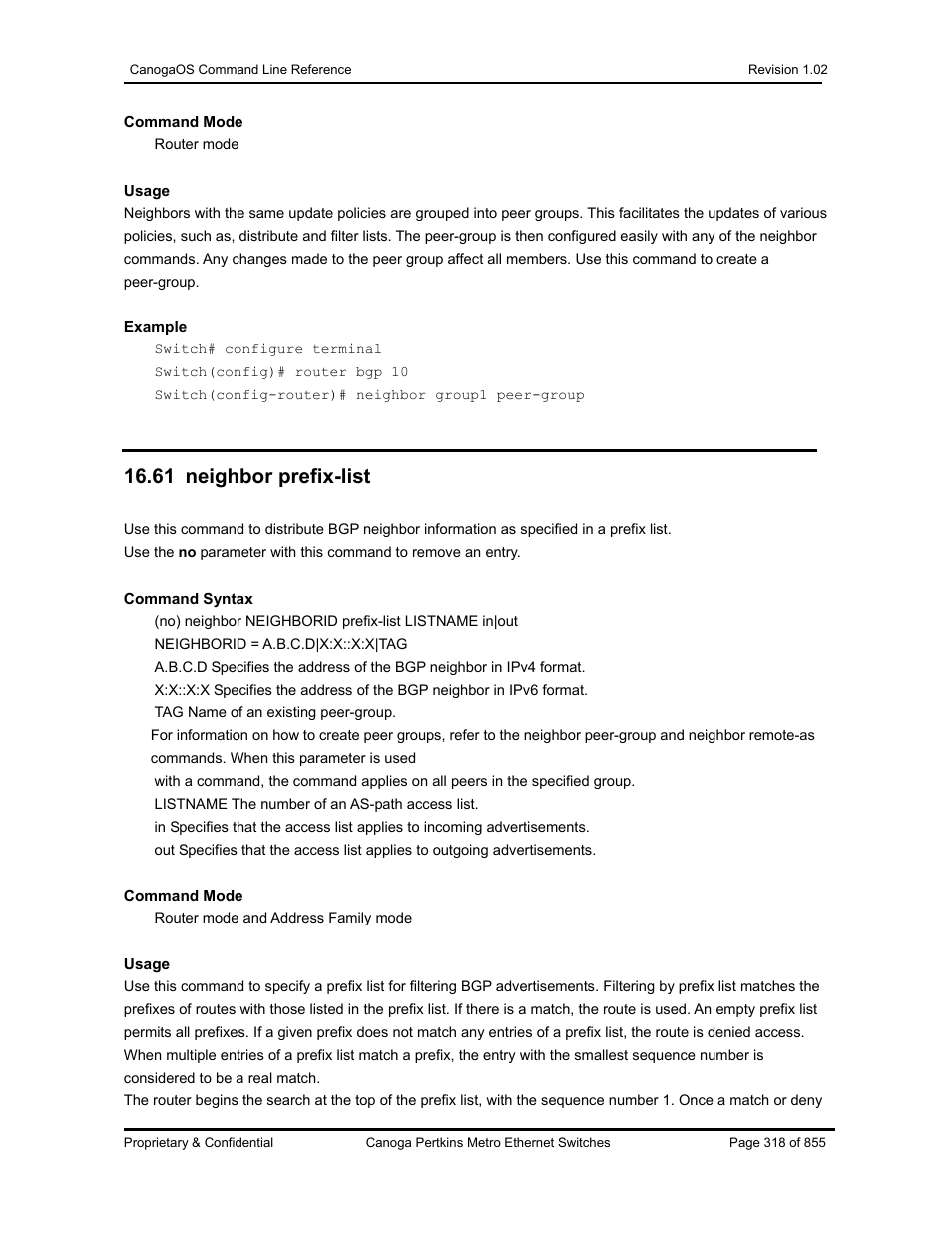 61 neighbor prefix-list | CANOGA PERKINS CanogaOS Command Reference User Manual | Page 318 / 855