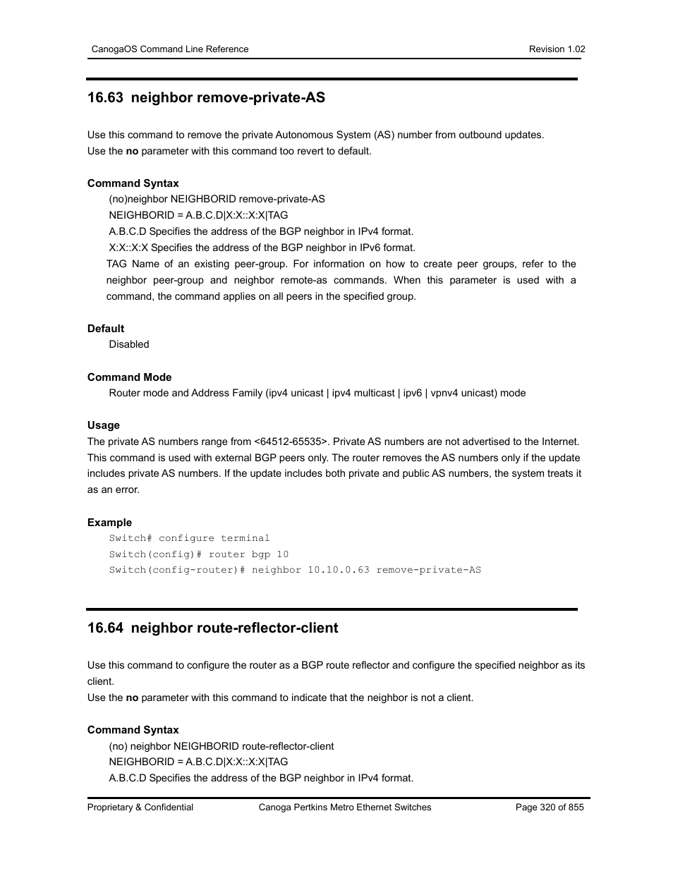 63 neighbor remove-private-as, 64 neighbor route-reflector-client | CANOGA PERKINS CanogaOS Command Reference User Manual | Page 320 / 855