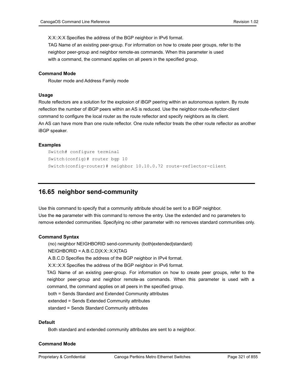 65 neighbor send-community | CANOGA PERKINS CanogaOS Command Reference User Manual | Page 321 / 855