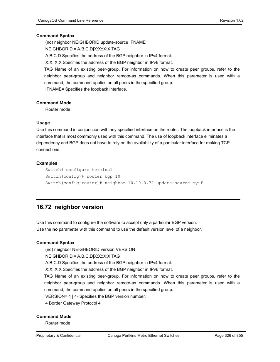 72 neighbor version | CANOGA PERKINS CanogaOS Command Reference User Manual | Page 326 / 855