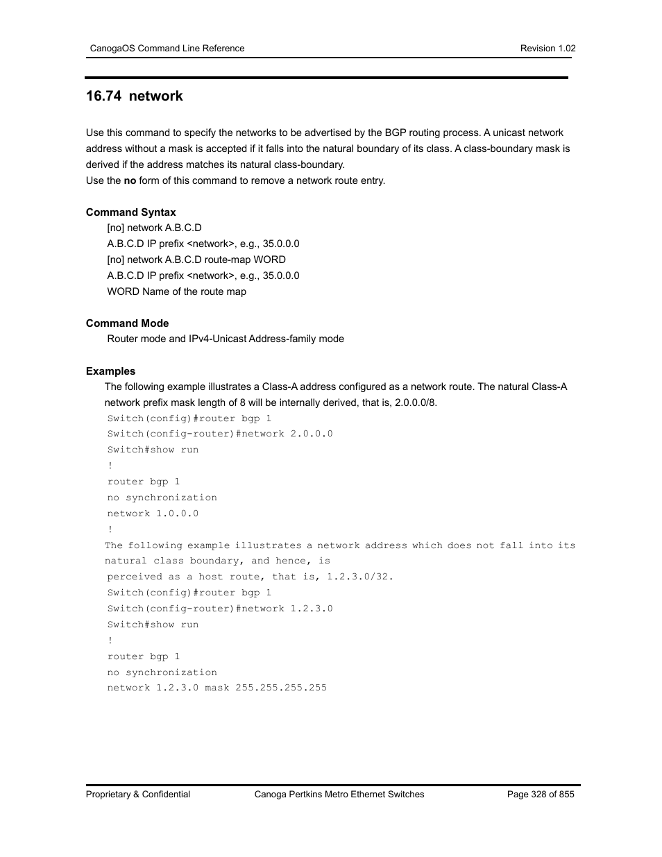 74 network | CANOGA PERKINS CanogaOS Command Reference User Manual | Page 328 / 855