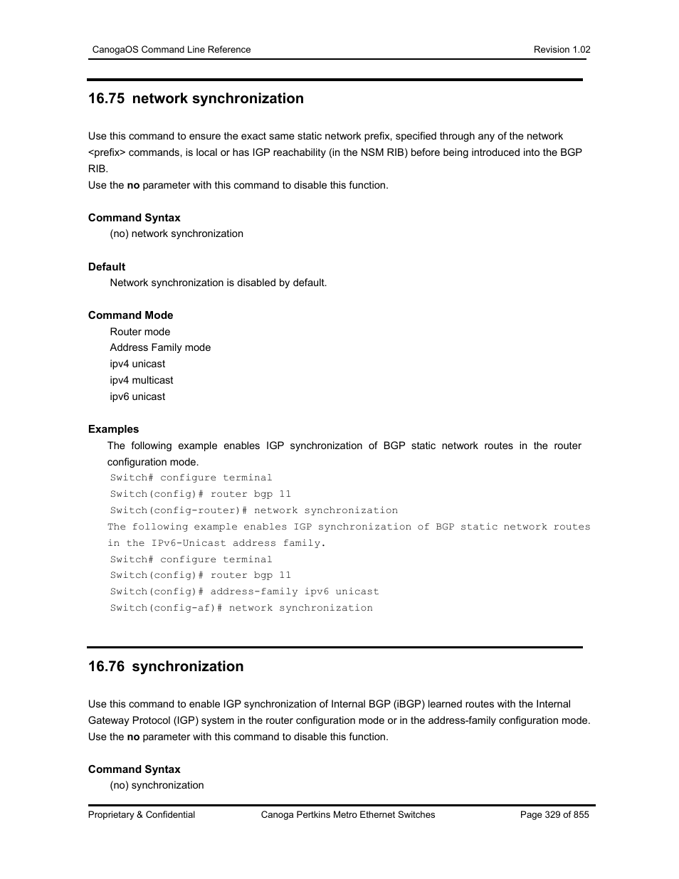 75 network synchronization, 76 synchronization | CANOGA PERKINS CanogaOS Command Reference User Manual | Page 329 / 855