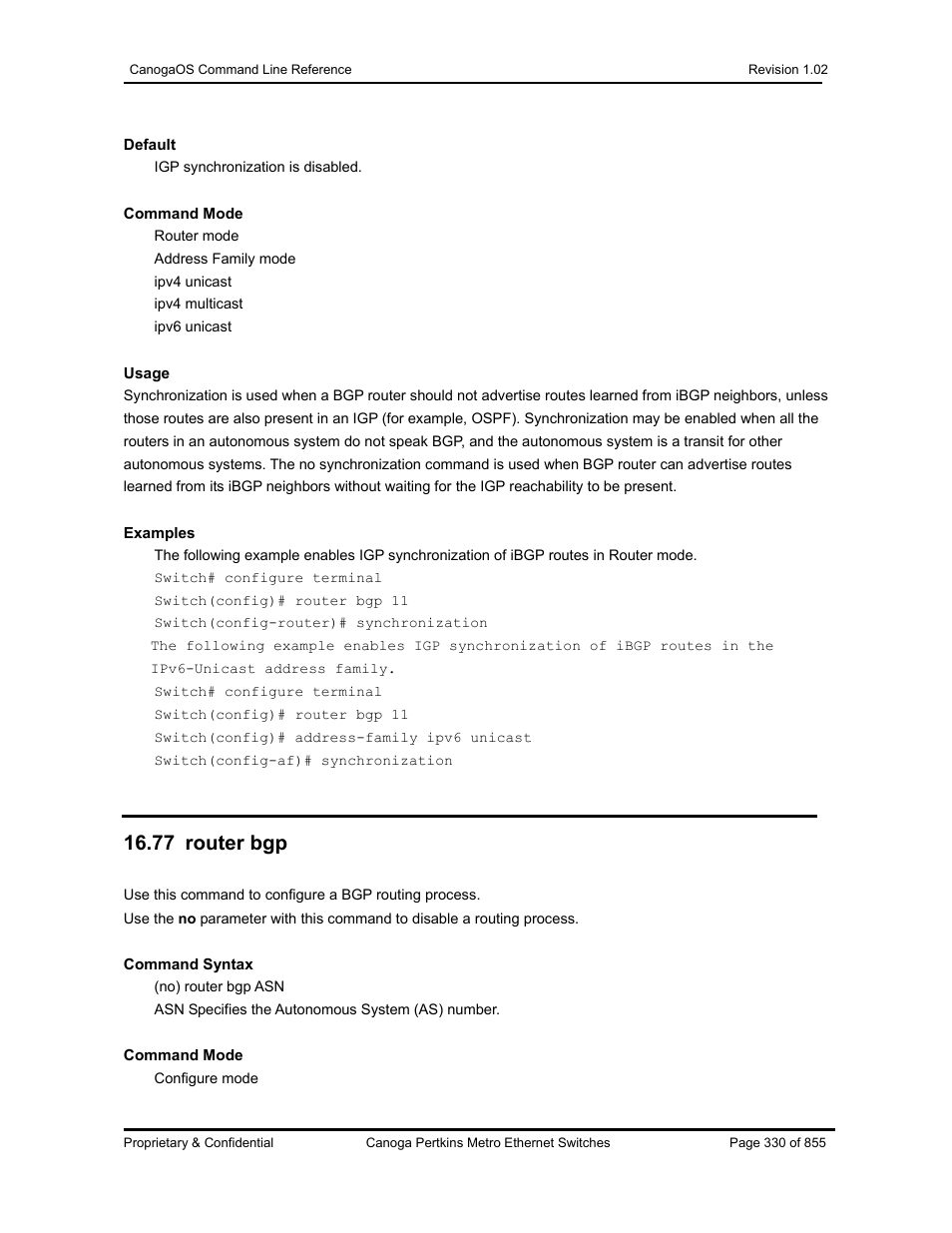 77 router bgp | CANOGA PERKINS CanogaOS Command Reference User Manual | Page 330 / 855