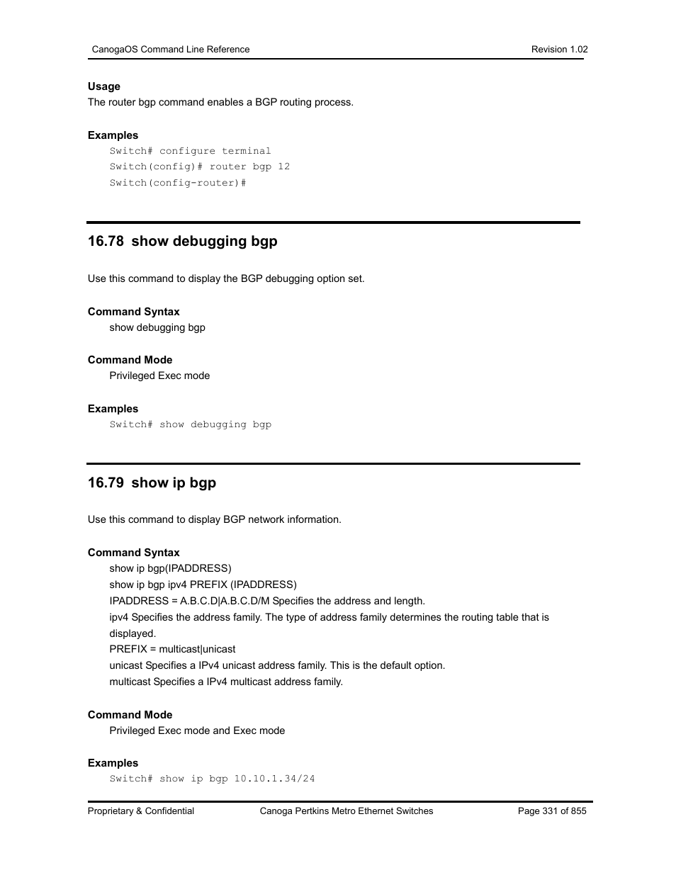 78 show debugging bgp, 79 show ip bgp | CANOGA PERKINS CanogaOS Command Reference User Manual | Page 331 / 855