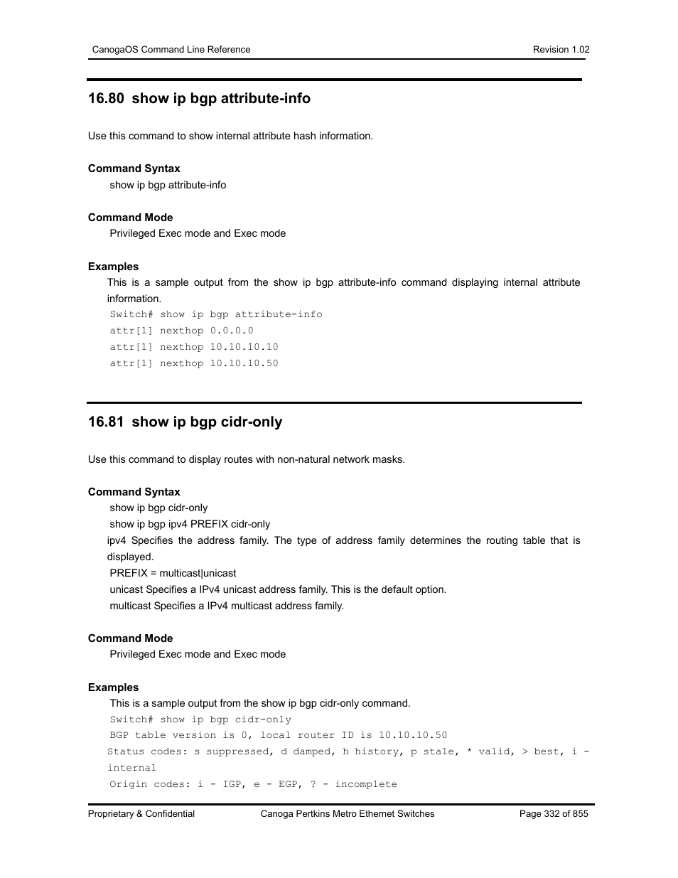 80 show ip bgp attribute-info, 81 show ip bgp cidr-only | CANOGA PERKINS CanogaOS Command Reference User Manual | Page 332 / 855