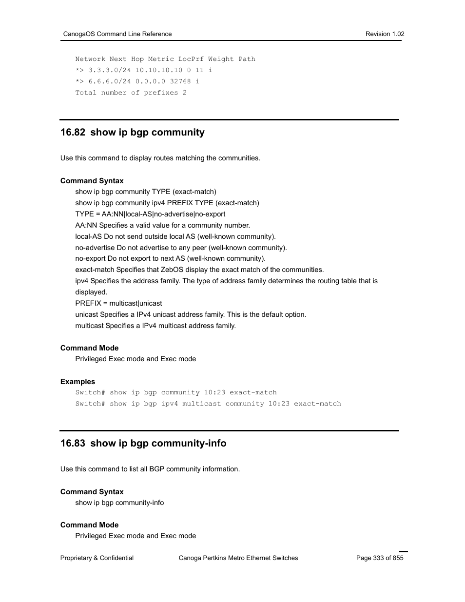 82 show ip bgp community, 83 show ip bgp community-info | CANOGA PERKINS CanogaOS Command Reference User Manual | Page 333 / 855