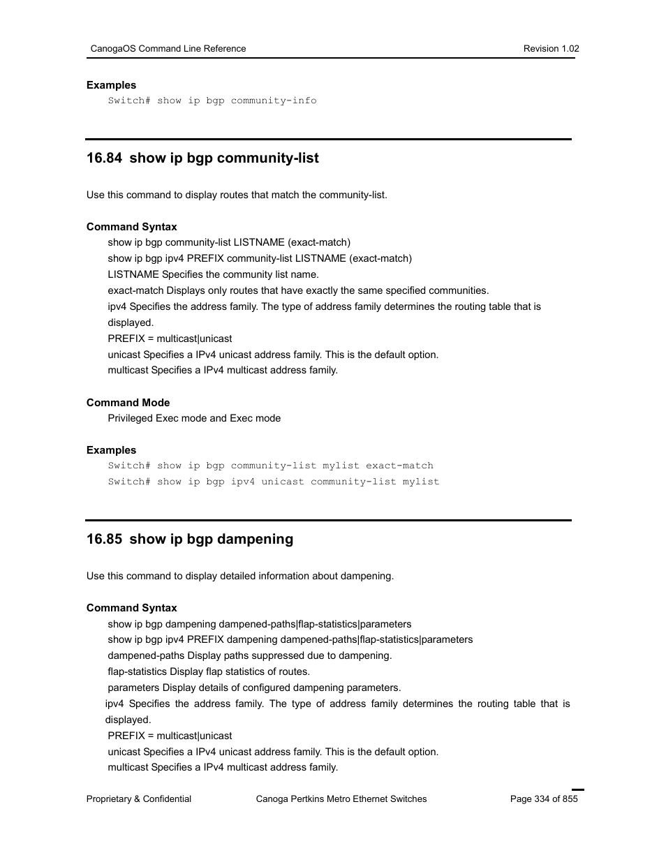 84 show ip bgp community-list, 85 show ip bgp dampening | CANOGA PERKINS CanogaOS Command Reference User Manual | Page 334 / 855