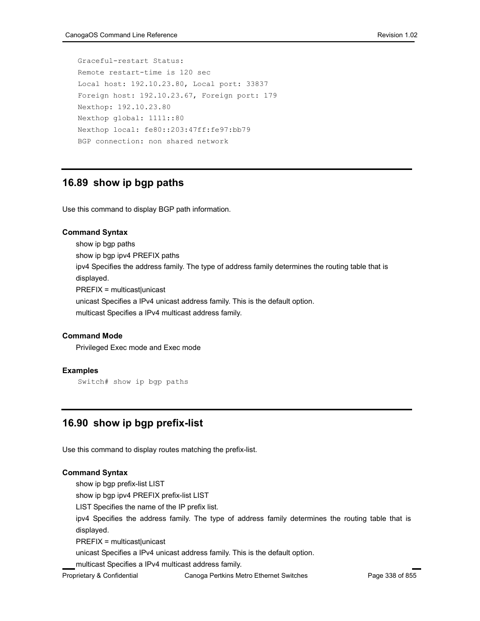 89 show ip bgp paths, 90 show ip bgp prefix-list | CANOGA PERKINS CanogaOS Command Reference User Manual | Page 338 / 855