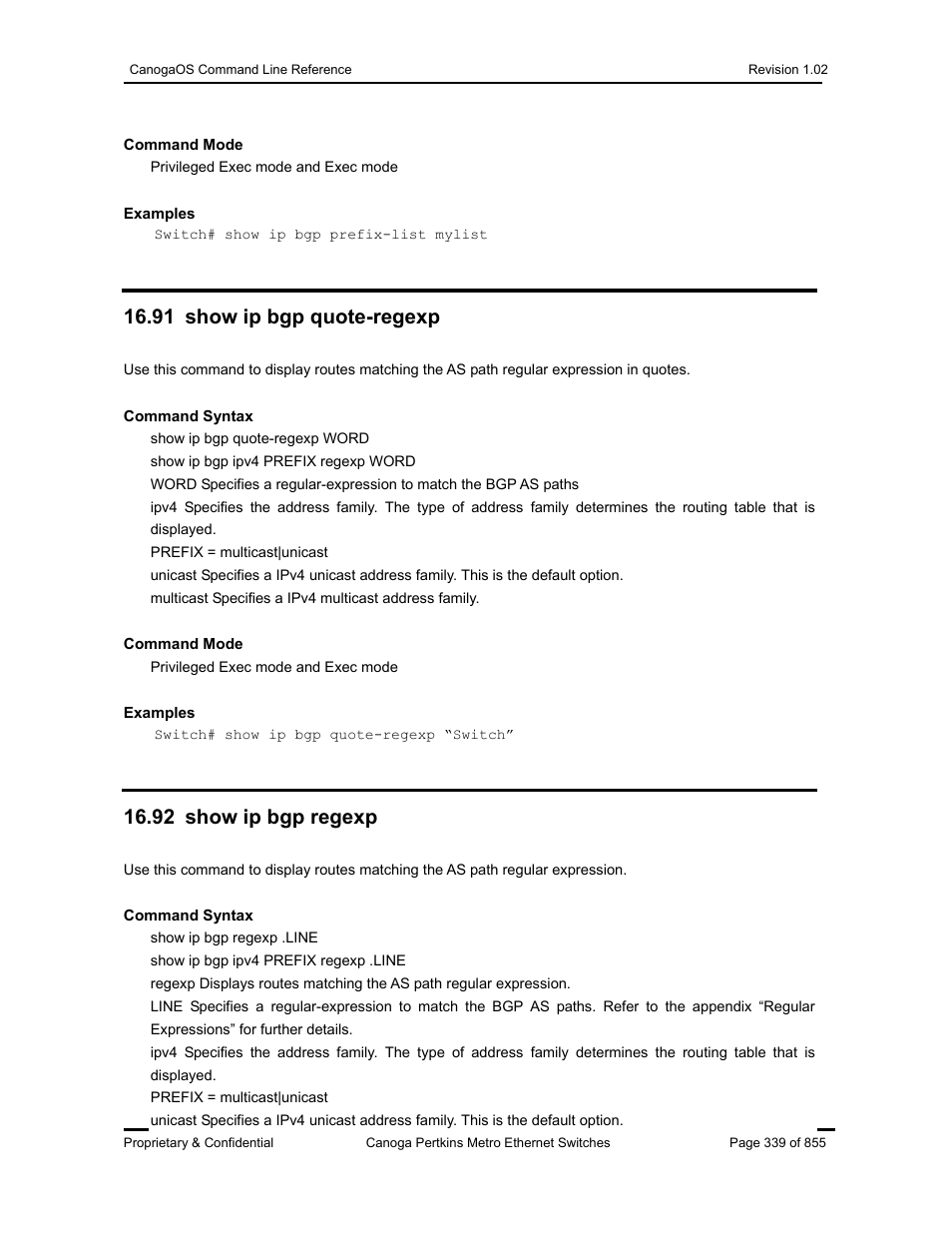 91 show ip bgp quote-regexp, 92 show ip bgp regexp | CANOGA PERKINS CanogaOS Command Reference User Manual | Page 339 / 855