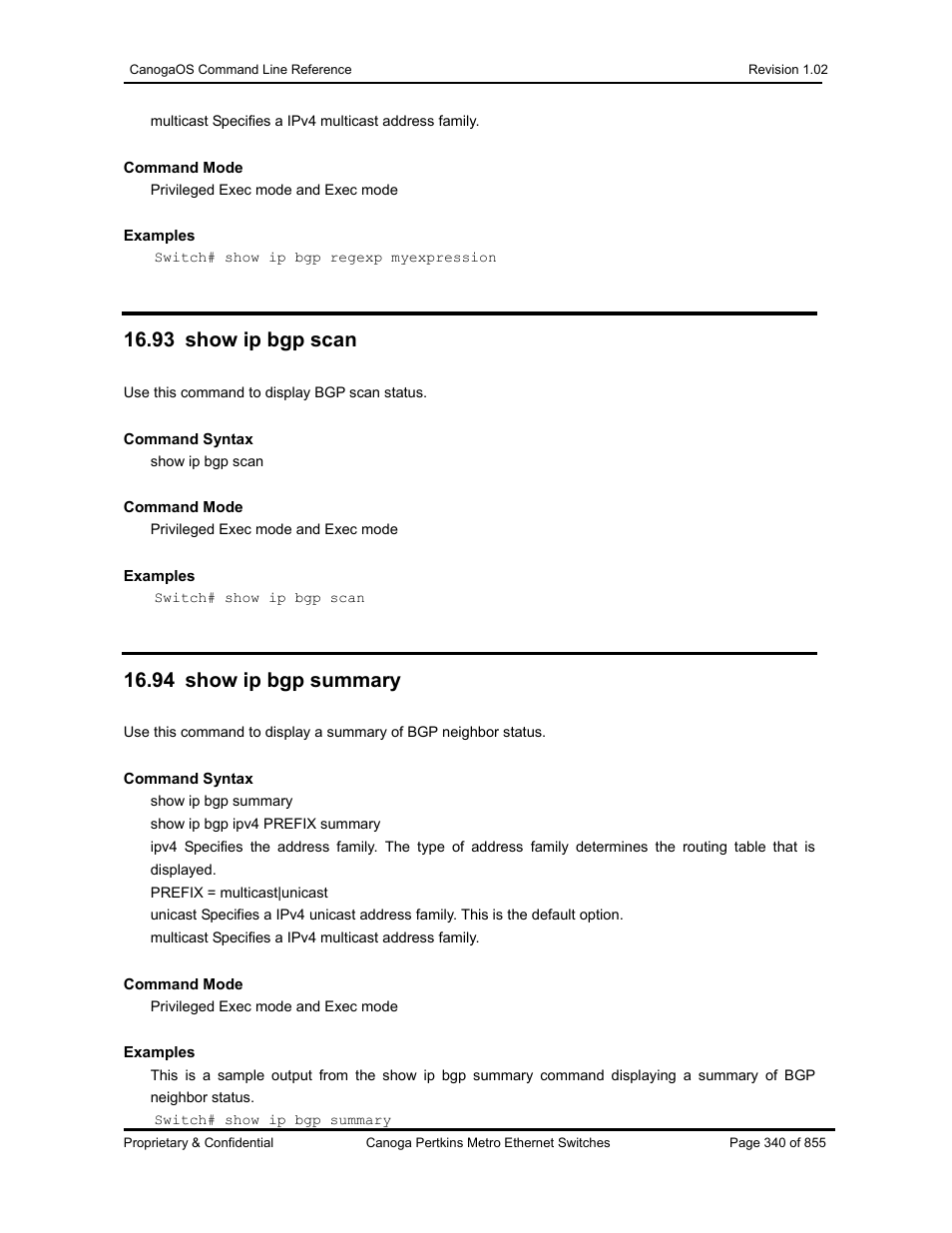 93 show ip bgp scan, 94 show ip bgp summary | CANOGA PERKINS CanogaOS Command Reference User Manual | Page 340 / 855