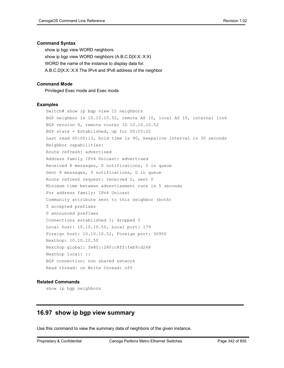 97 show ip bgp view summary | CANOGA PERKINS CanogaOS Command Reference User Manual | Page 342 / 855