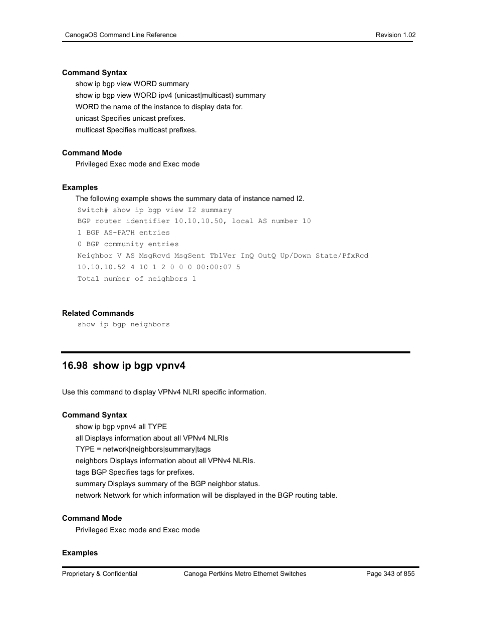 98 show ip bgp vpnv4 | CANOGA PERKINS CanogaOS Command Reference User Manual | Page 343 / 855