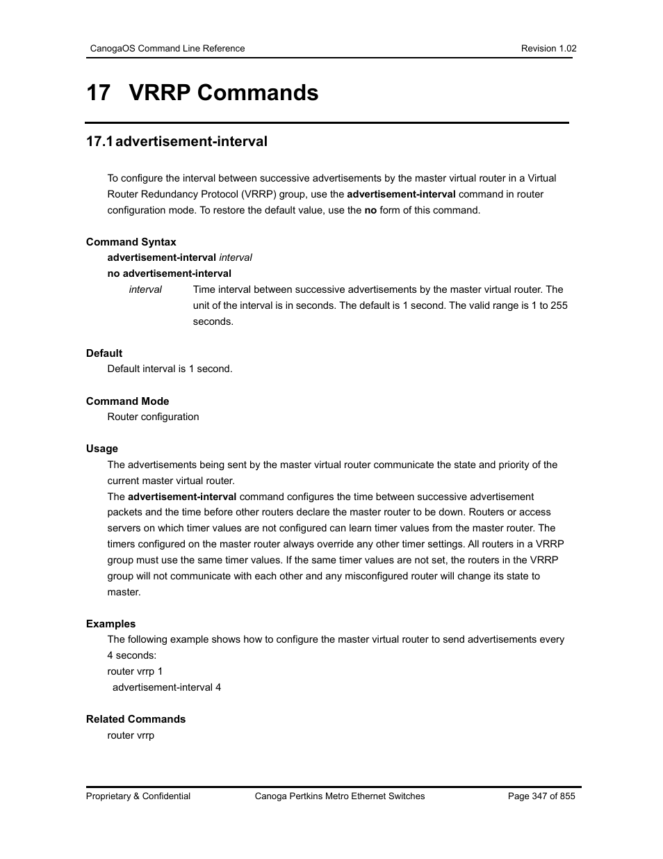17 vrrp commands, 1 advertisement-interval | CANOGA PERKINS CanogaOS Command Reference User Manual | Page 347 / 855