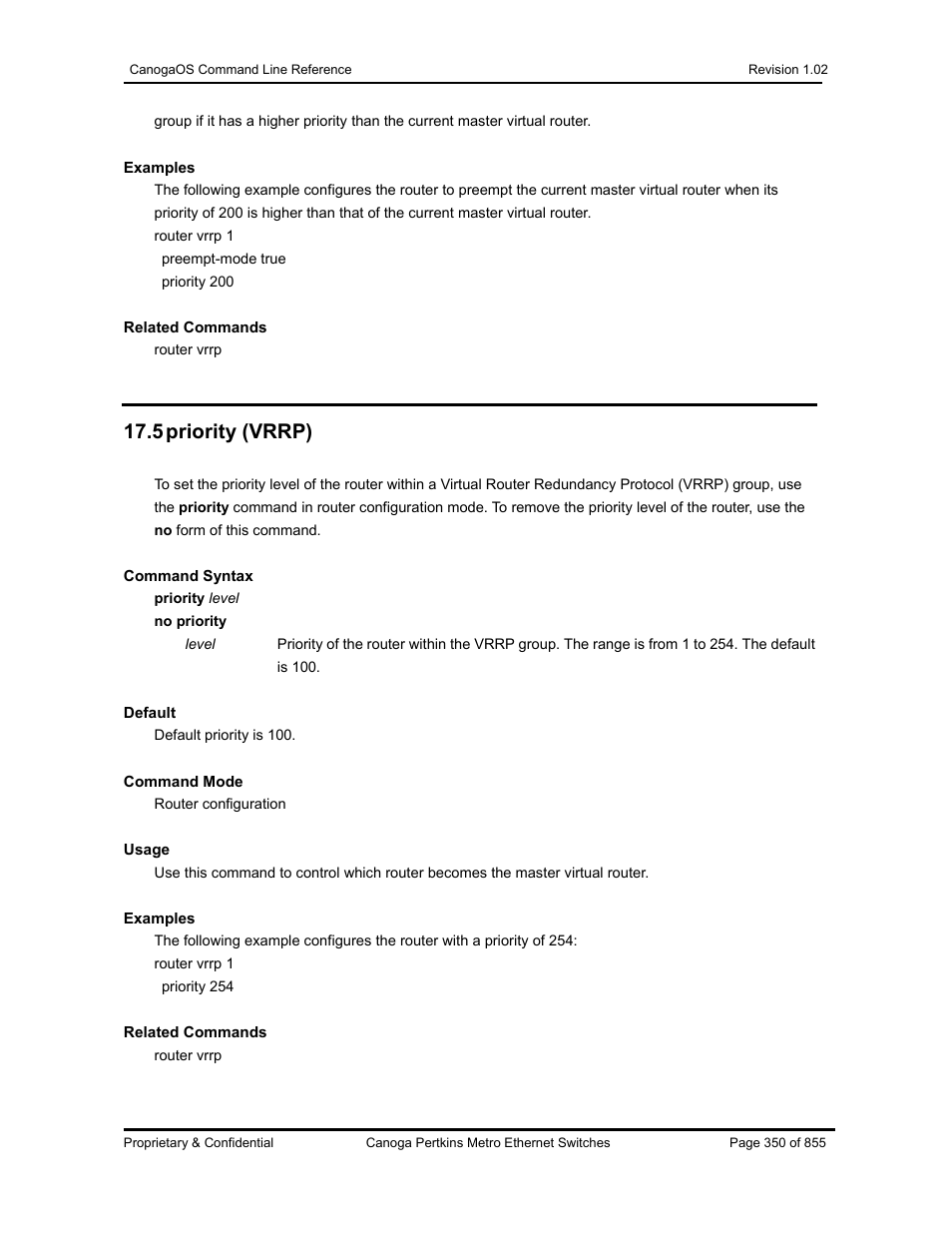 5 priority (vrrp) | CANOGA PERKINS CanogaOS Command Reference User Manual | Page 350 / 855