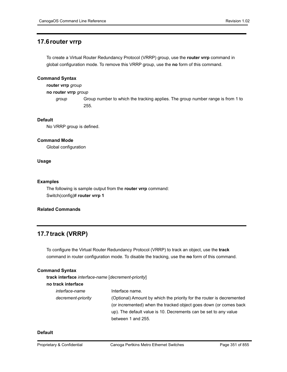 6 router vrrp, 7 track (vrrp) | CANOGA PERKINS CanogaOS Command Reference User Manual | Page 351 / 855