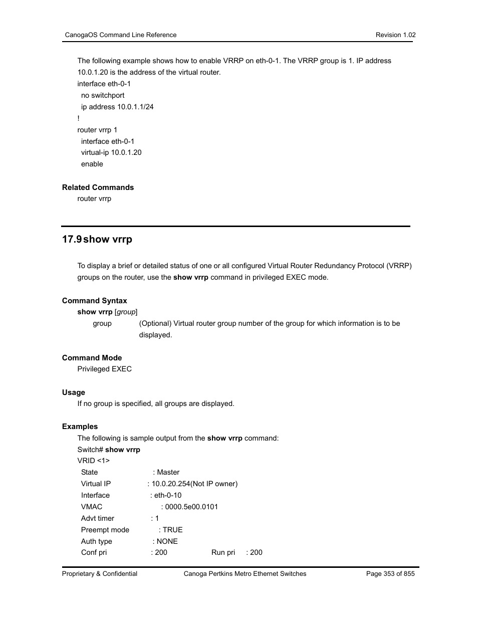 9 show vrrp | CANOGA PERKINS CanogaOS Command Reference User Manual | Page 353 / 855