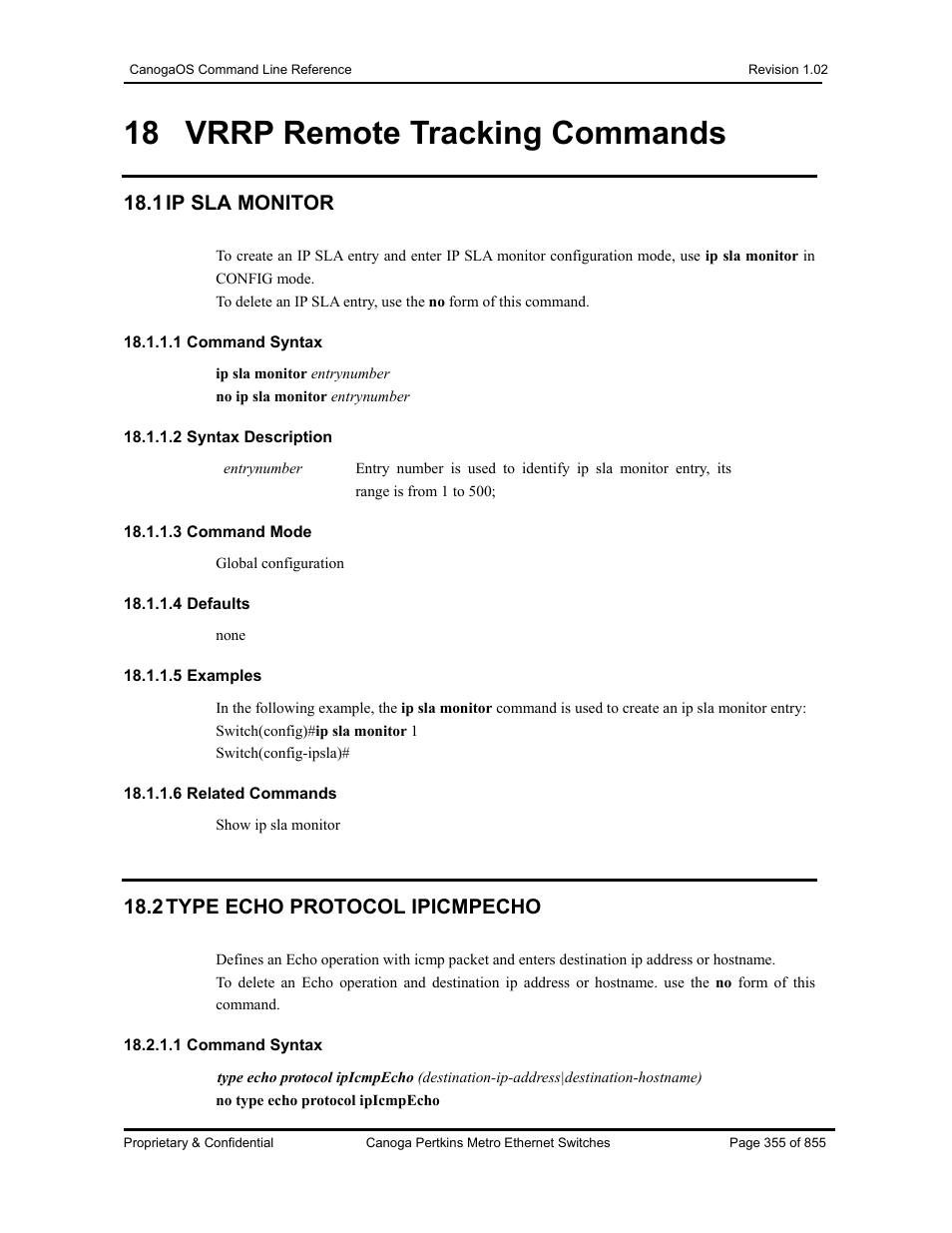 18 vrrp remote tracking commands, 1 ip sla monitor, 2 type echo protocol ipicmpecho | CANOGA PERKINS CanogaOS Command Reference User Manual | Page 355 / 855