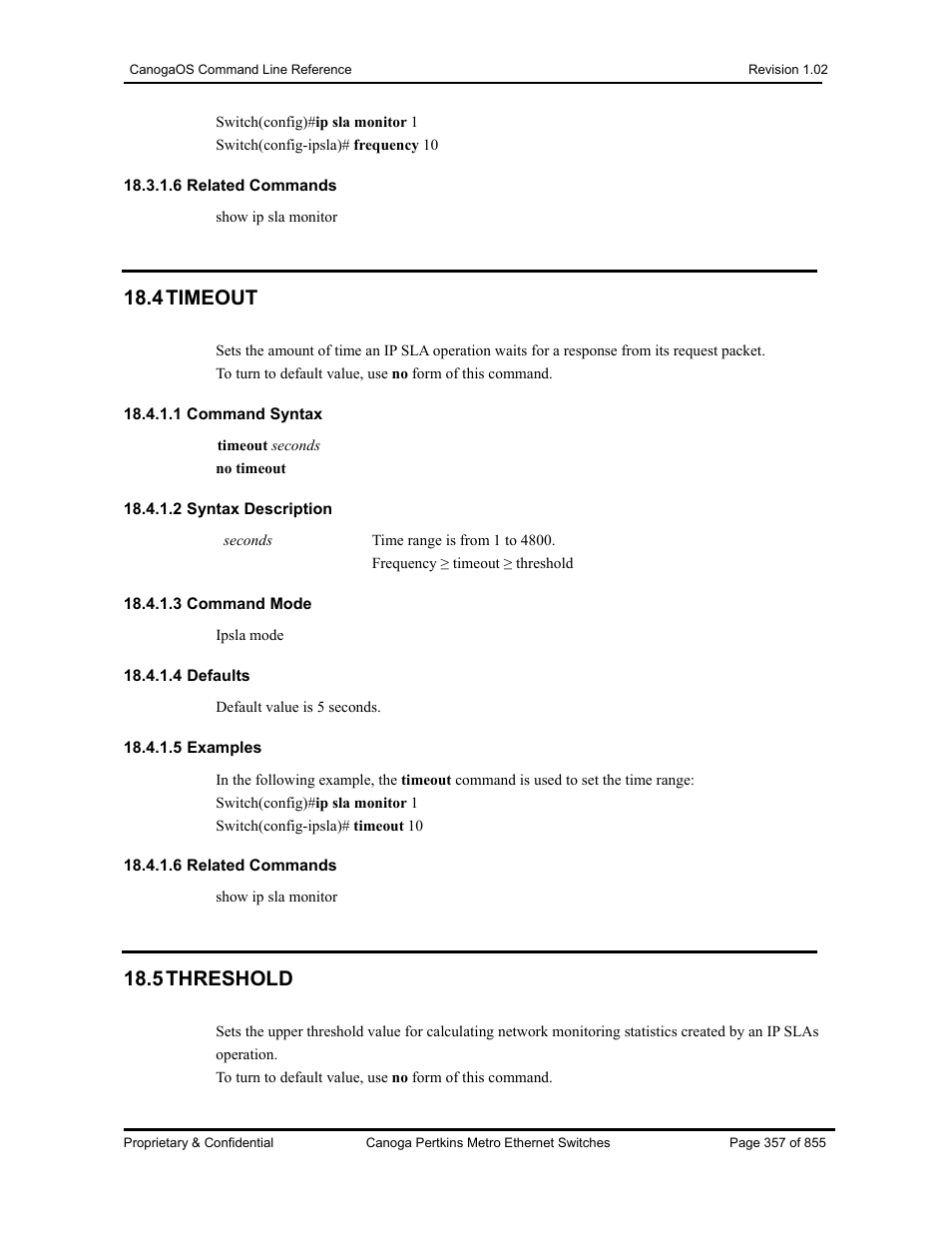 4 timeout, 5 threshold | CANOGA PERKINS CanogaOS Command Reference User Manual | Page 357 / 855