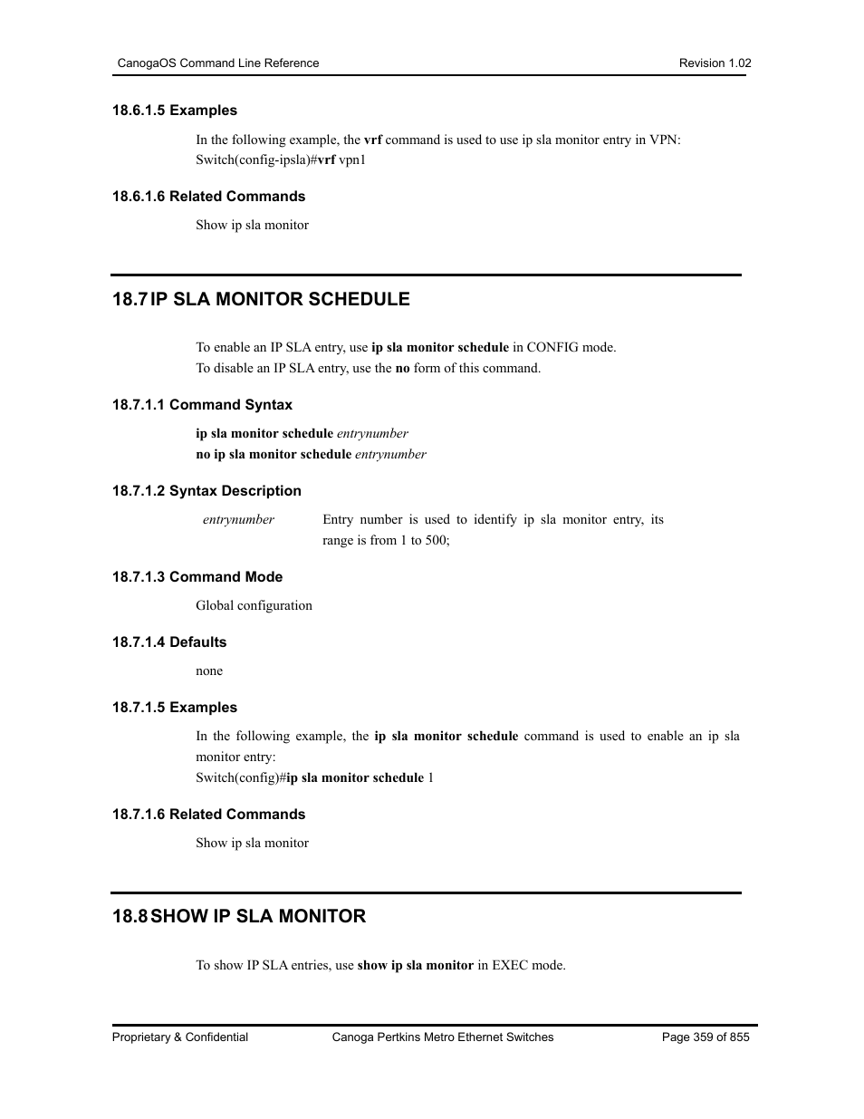 7 ip sla monitor schedule, 8 show ip sla monitor | CANOGA PERKINS CanogaOS Command Reference User Manual | Page 359 / 855