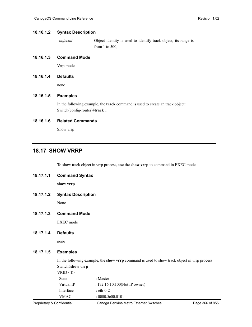 17 show vrrp | CANOGA PERKINS CanogaOS Command Reference User Manual | Page 366 / 855