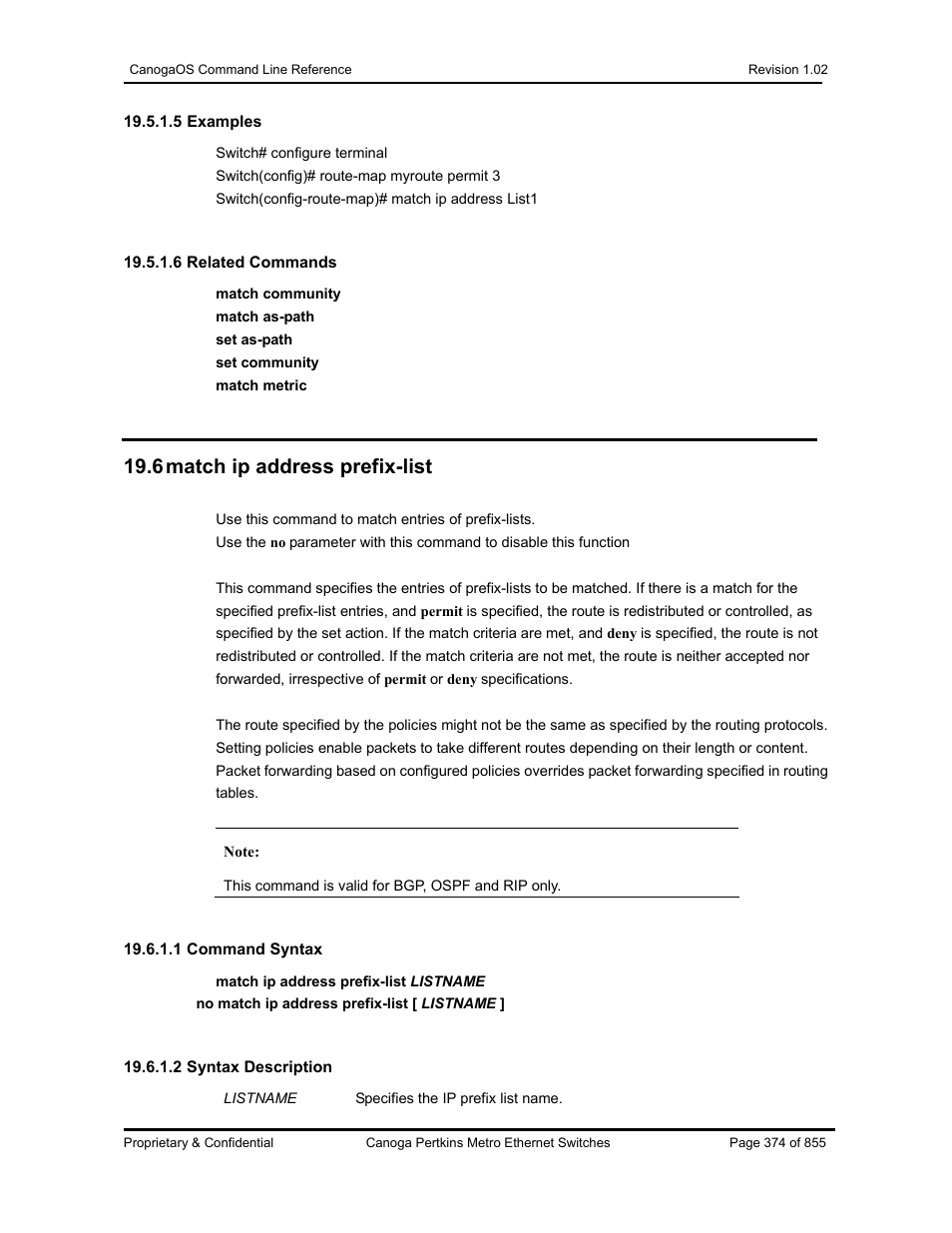 6 match ip address prefix-list | CANOGA PERKINS CanogaOS Command Reference User Manual | Page 374 / 855