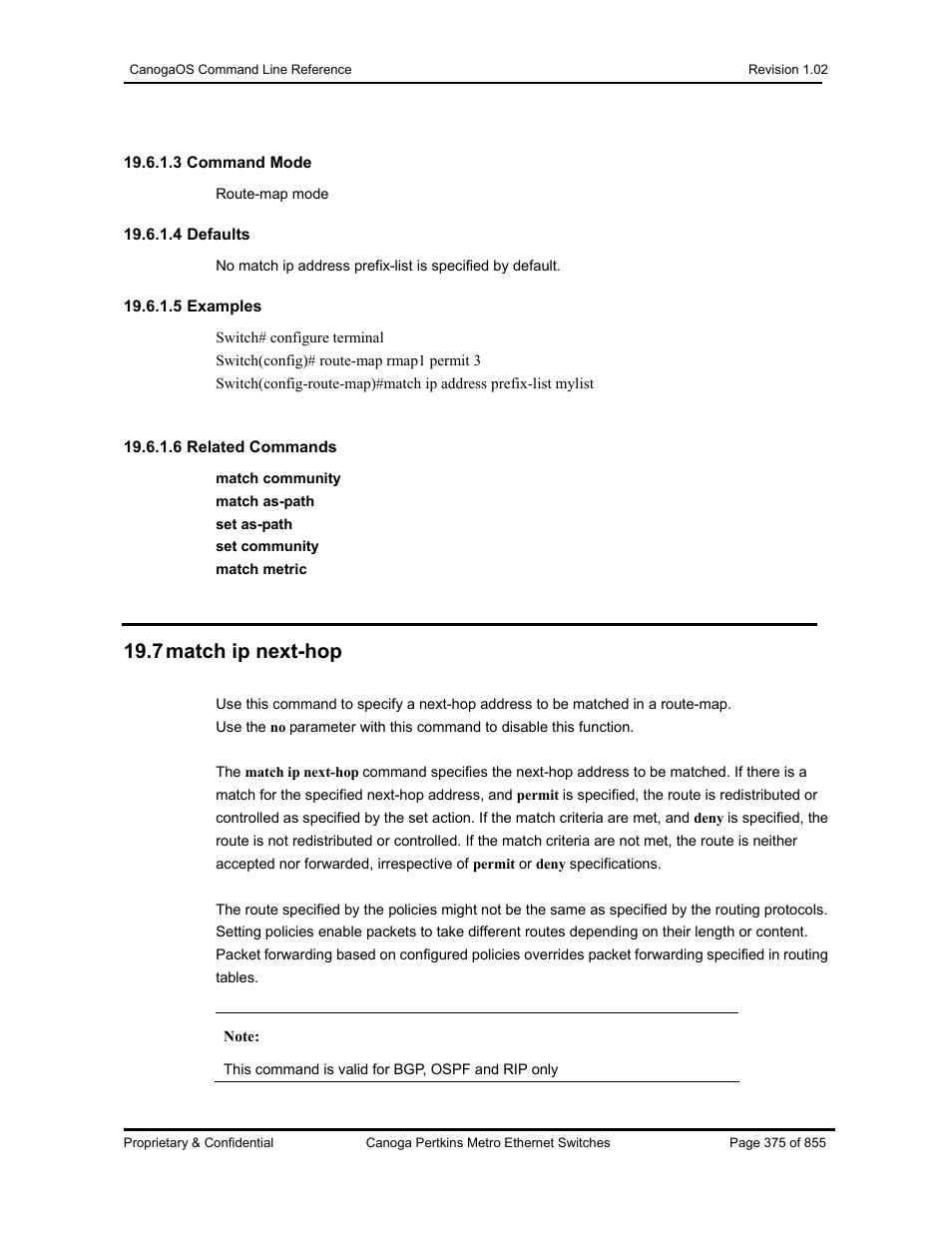 7 match ip next-hop | CANOGA PERKINS CanogaOS Command Reference User Manual | Page 375 / 855