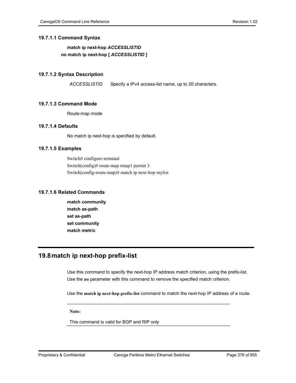 8 match ip next-hop prefix-list | CANOGA PERKINS CanogaOS Command Reference User Manual | Page 376 / 855