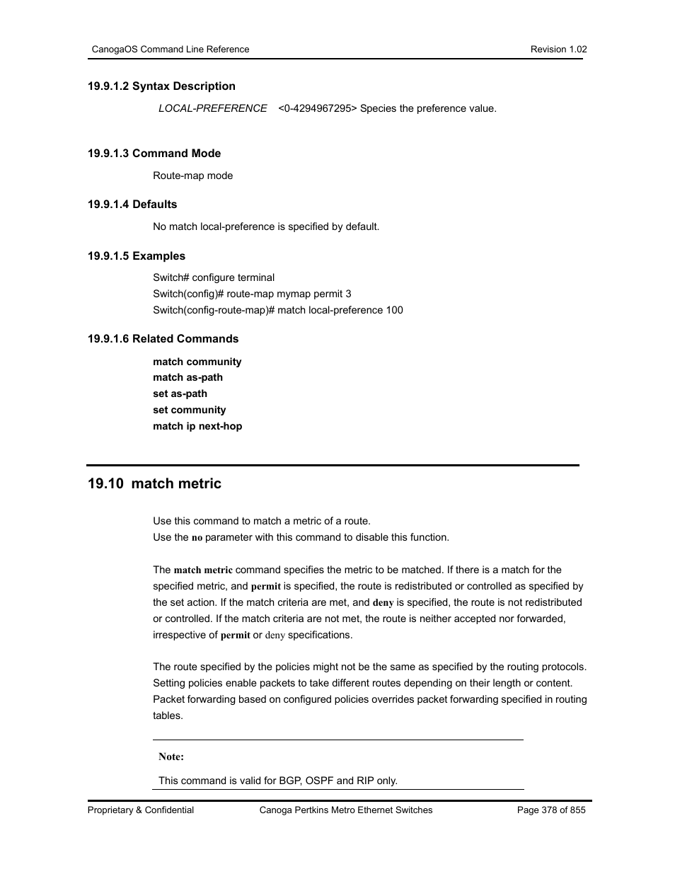 10 match metric | CANOGA PERKINS CanogaOS Command Reference User Manual | Page 378 / 855