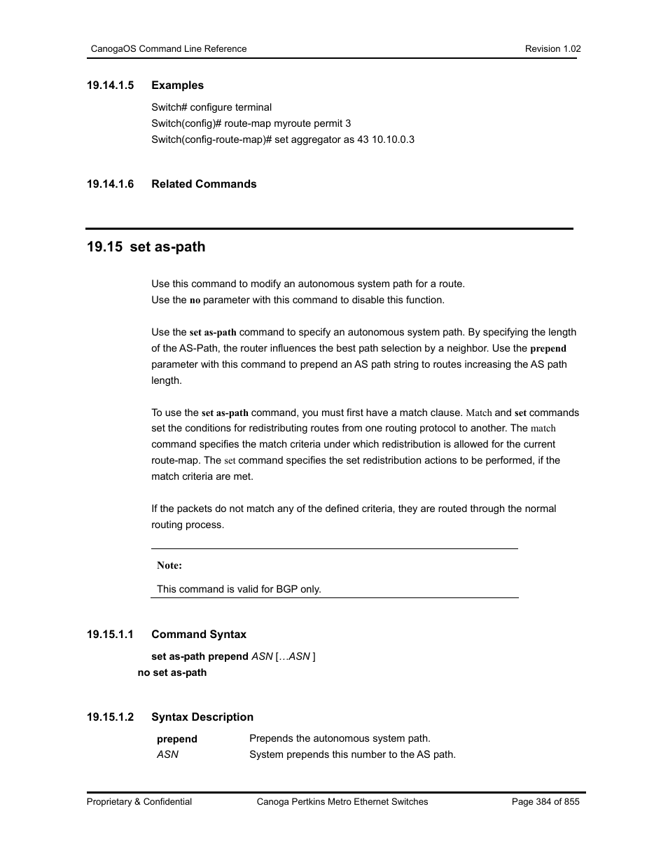 15 set as-path | CANOGA PERKINS CanogaOS Command Reference User Manual | Page 384 / 855