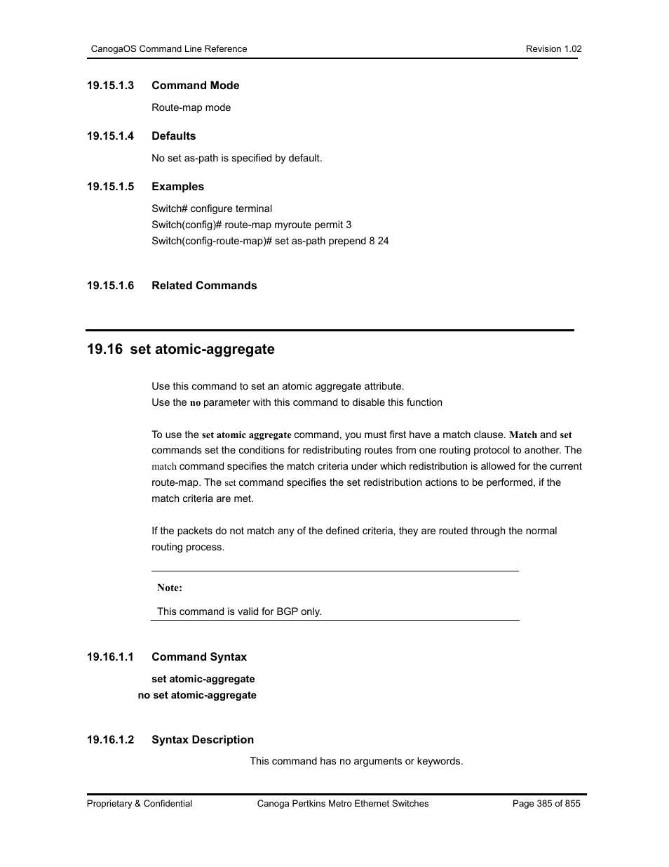 16 set atomic-aggregate | CANOGA PERKINS CanogaOS Command Reference User Manual | Page 385 / 855