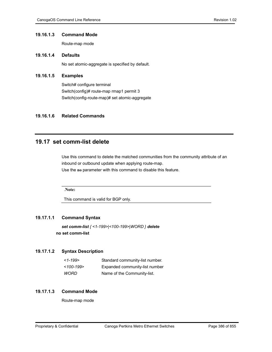17 set comm-list delete | CANOGA PERKINS CanogaOS Command Reference User Manual | Page 386 / 855