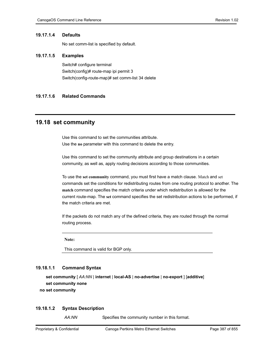 18 set community | CANOGA PERKINS CanogaOS Command Reference User Manual | Page 387 / 855